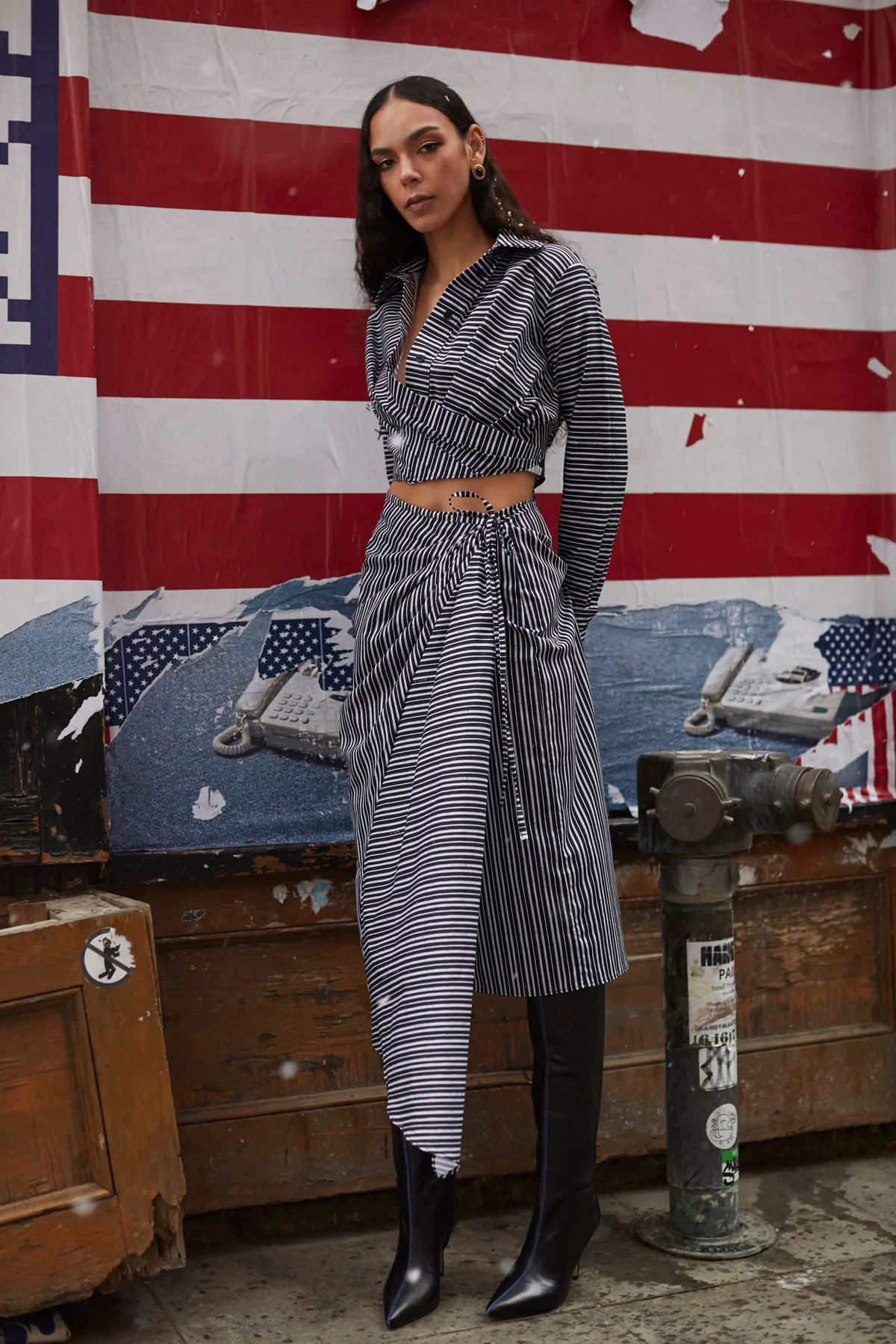 Ayesha Pleated Wrap Skirt In Black and White Striped Cotton - Image 2
