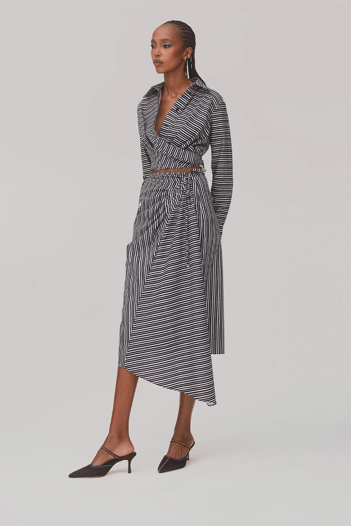 Ayesha Pleated Wrap Skirt In Black and White Striped Cotton - Image 3