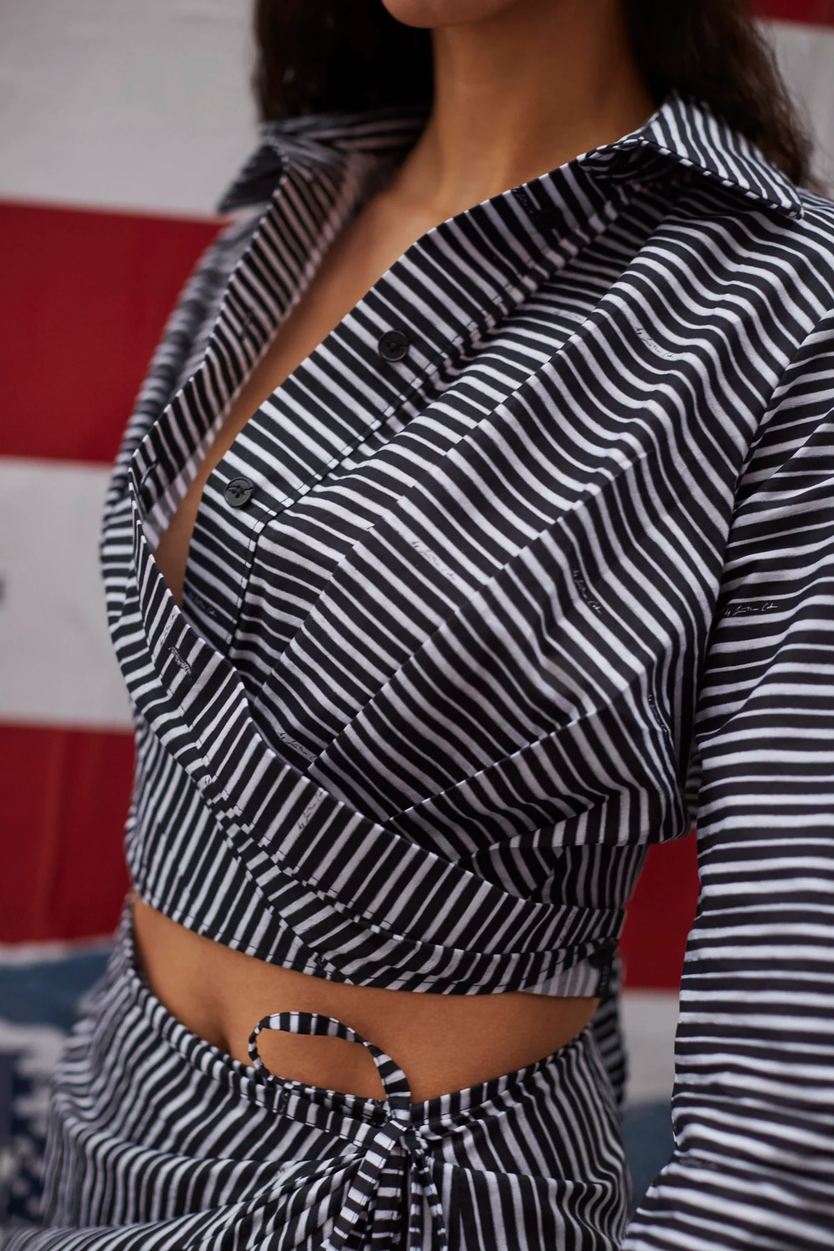 Rose Wrap Top In Black and White Striped Cotton - Image 2