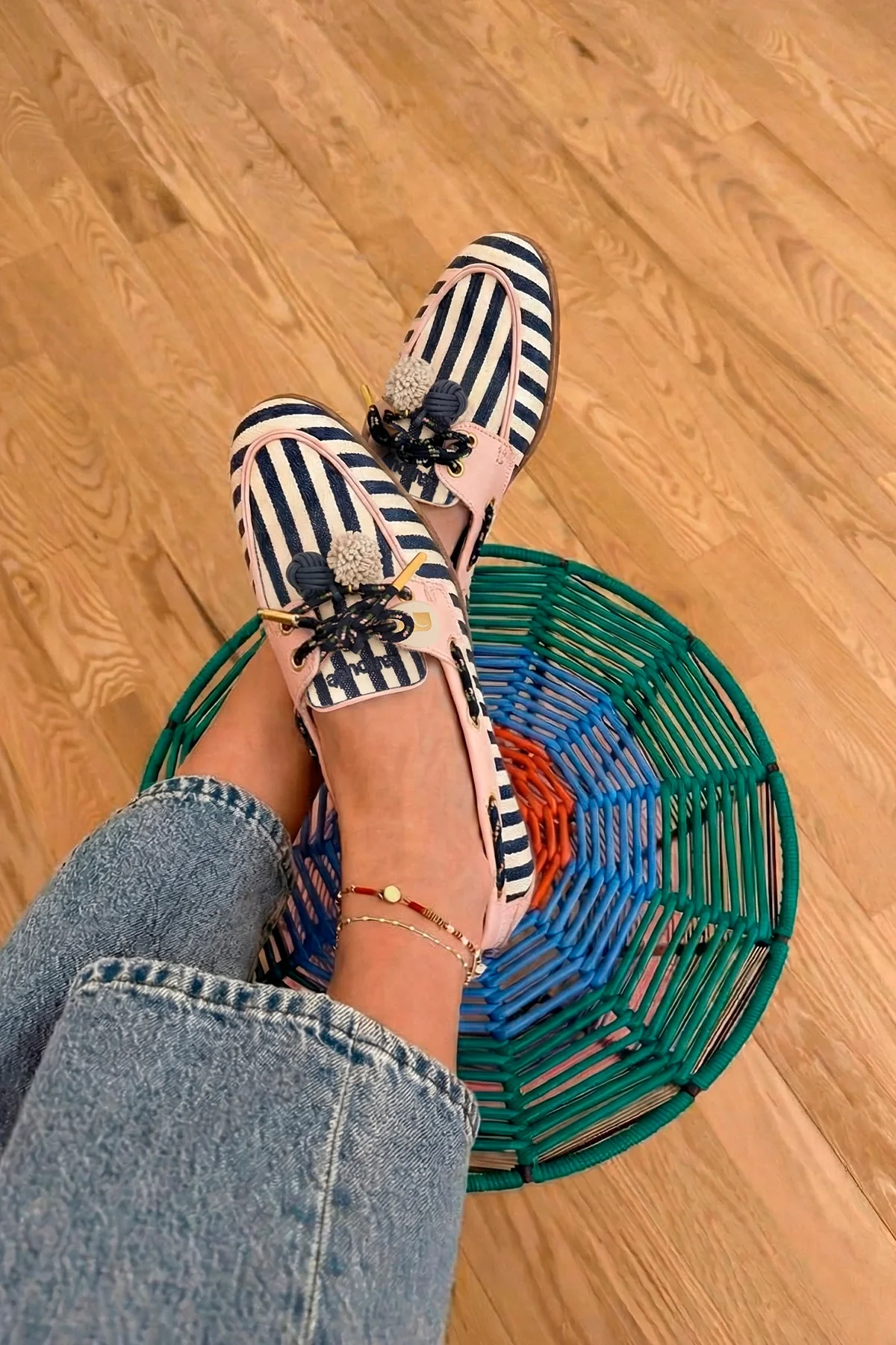 Cyprus Boat Shoe Navy Striped and Pink Leather - Image 2