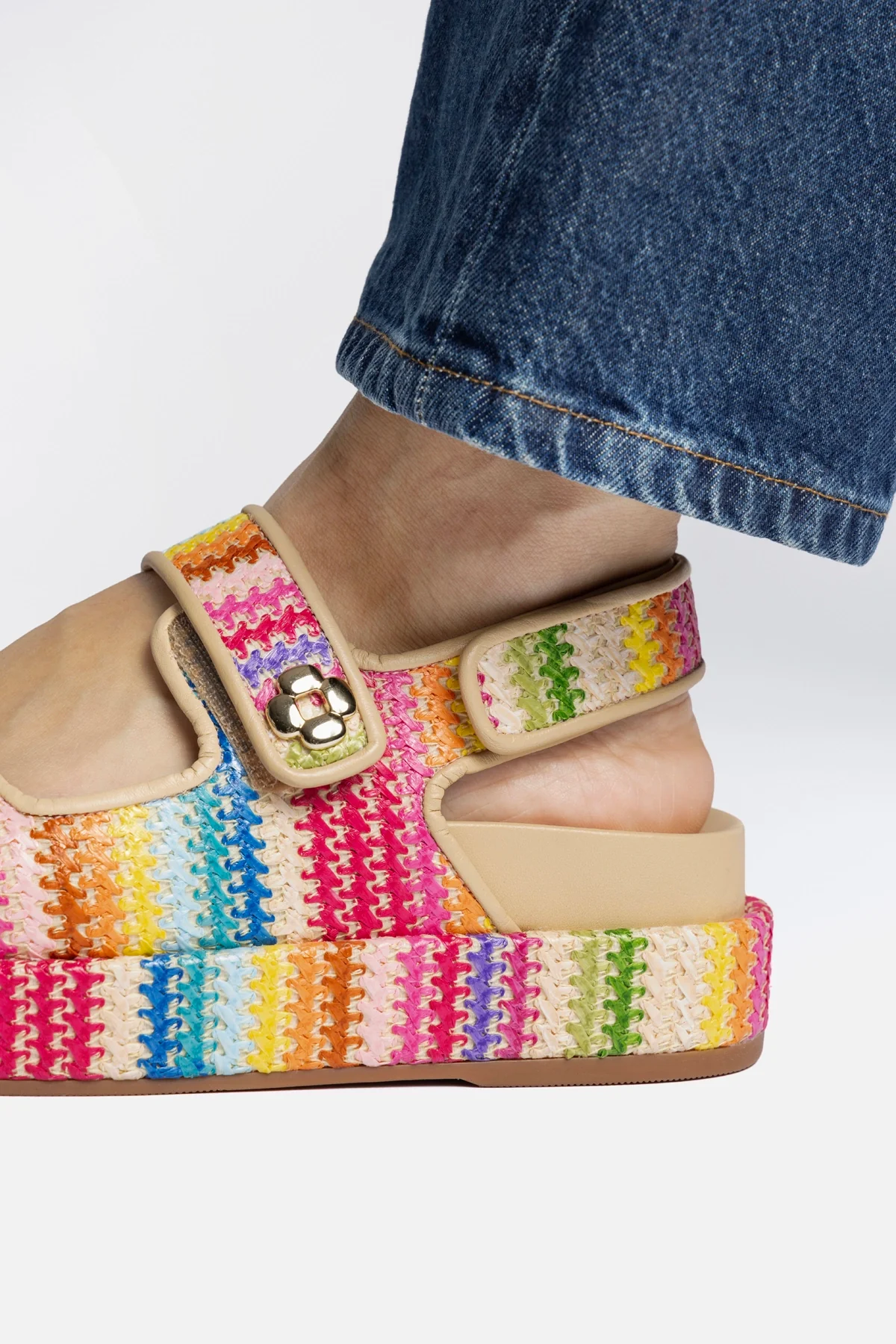 Jetty Sandal In Rainbow Raffia and Beige Leather - Image 6