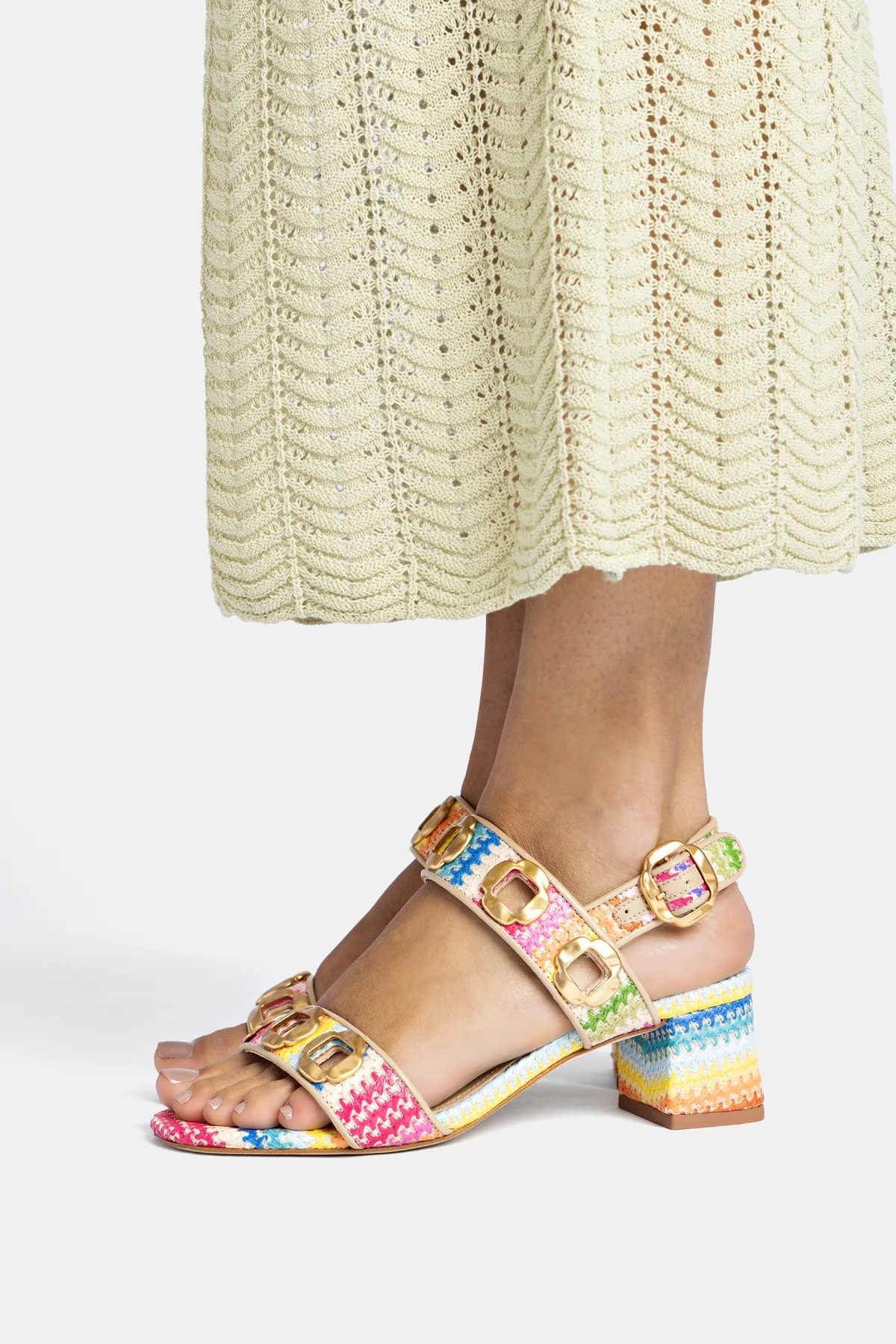 Milan Sandal In Rainbow Raffia and Beige Leather - Image 2