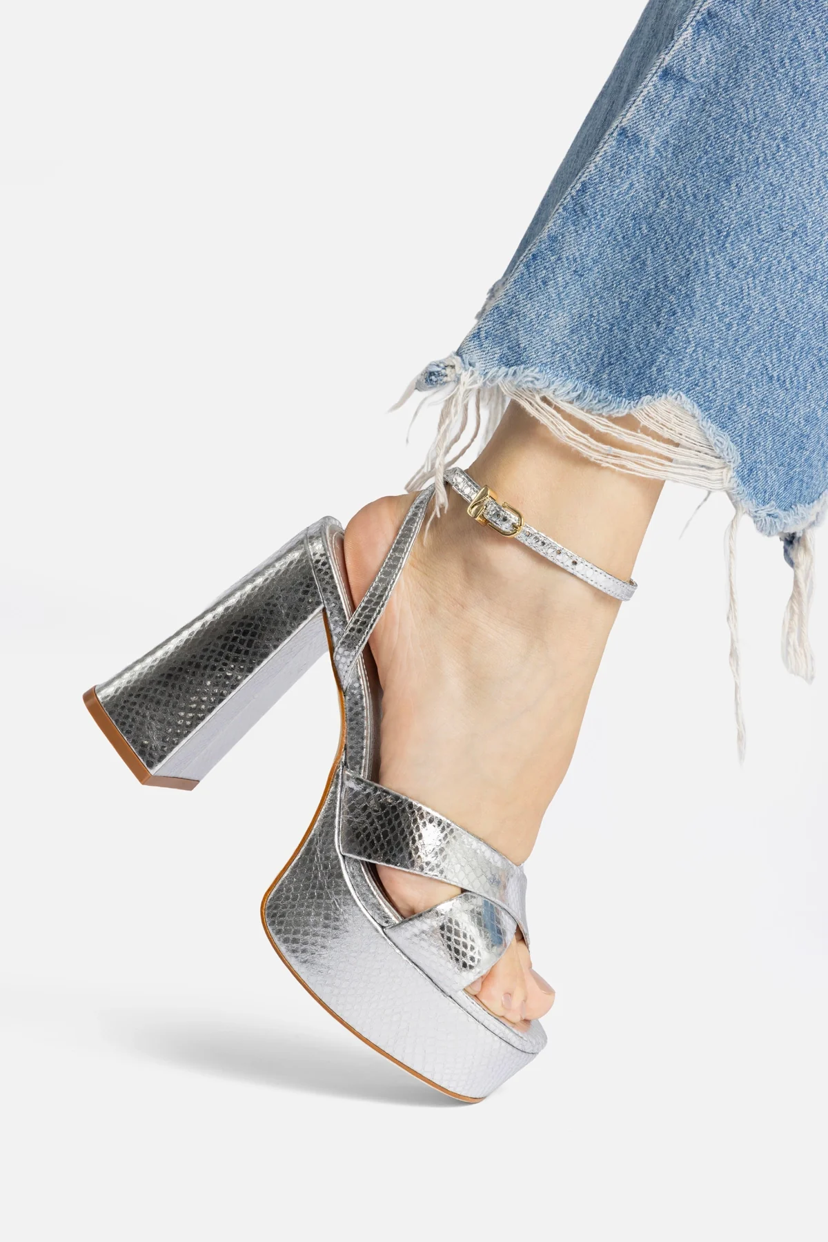 Dolly X Platform Sandal In Silver Snake Leather - Image 2